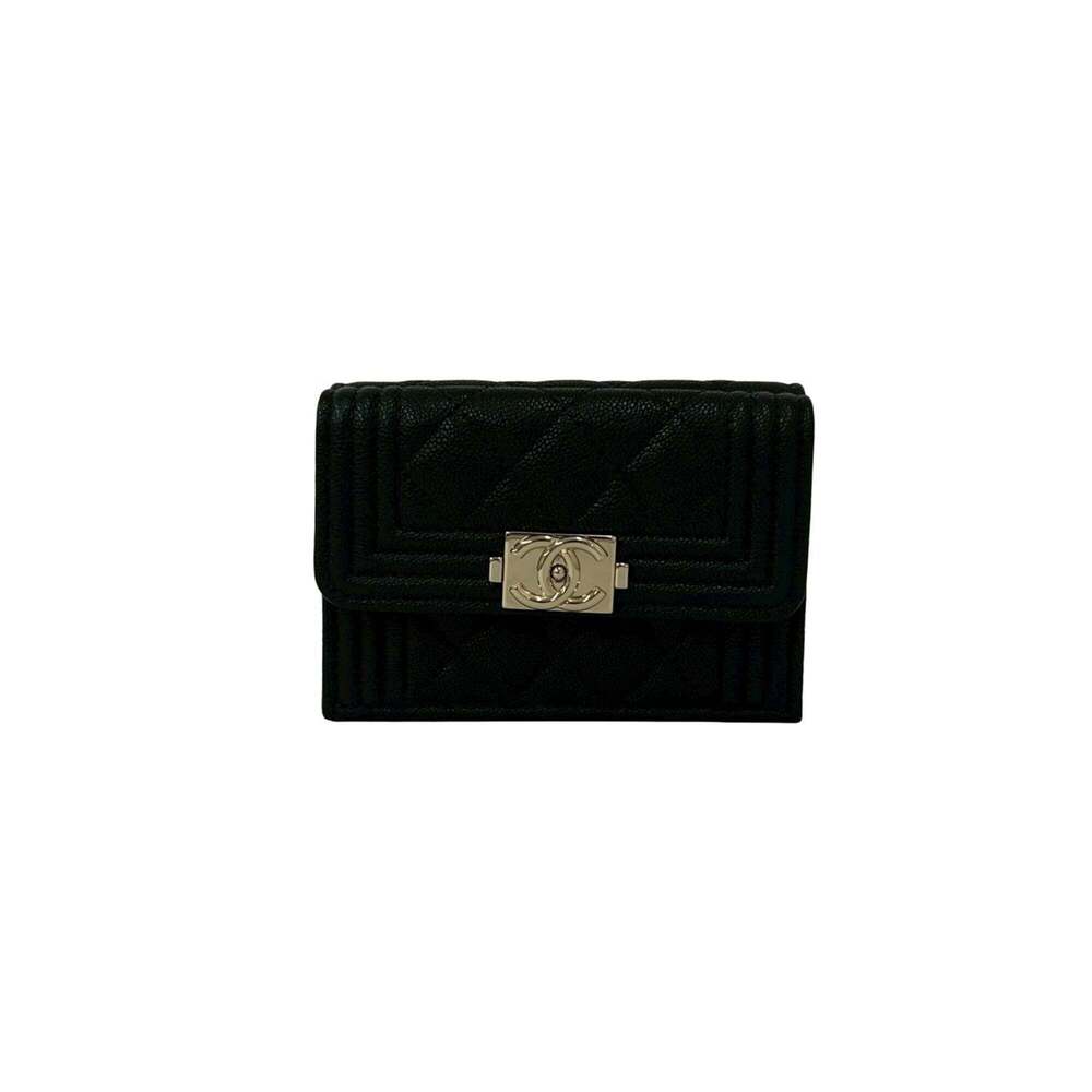 CHANEL Authentic Black Caviar Leather Logo Wallet